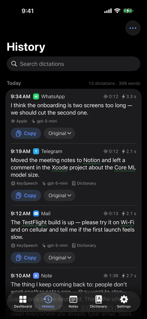 History by day: each dictation with the app it went into, its time, and the words the Dictionary fixed underlined